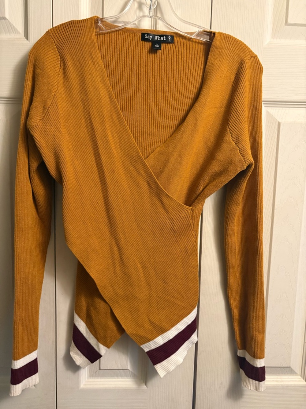 Say What? Mustard V-Neck Wrap Ribbed Sweater with Contrast Trim